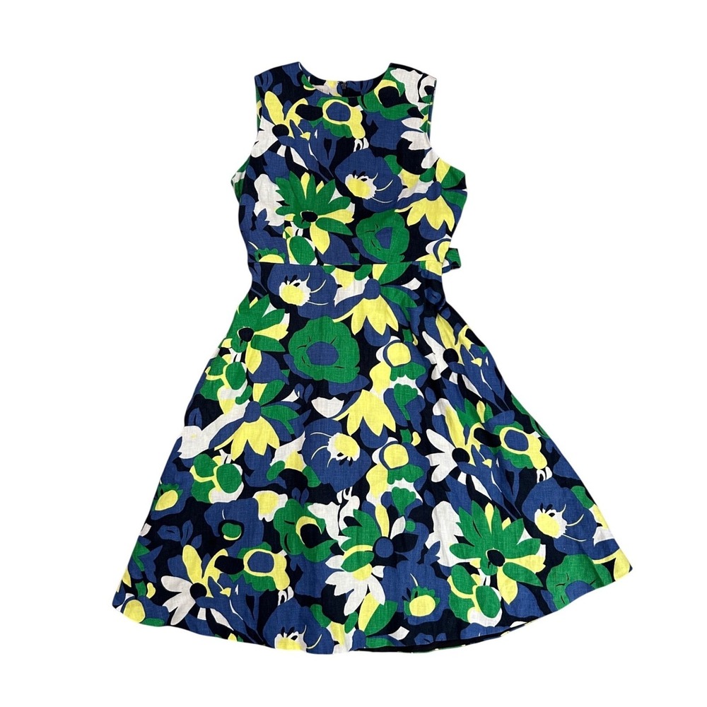 Hobbs London twitchill Floral Linen Fit and Flare Dress Blue Green Yellow US 8